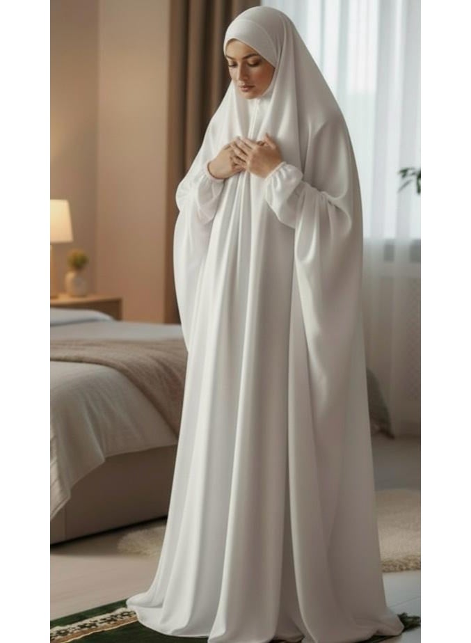 أمياي إسدال صلاة نسائي قطعة واحدة بأكمام طويلة - فستان صلاة إسلامي - ملابس صلاة للنساء - فستان نماز عباية للنساء - جلباب قطعة واحدة - مستلزمات العمرة للنساء - طقم صلاة باللون الأبيض - Image 1